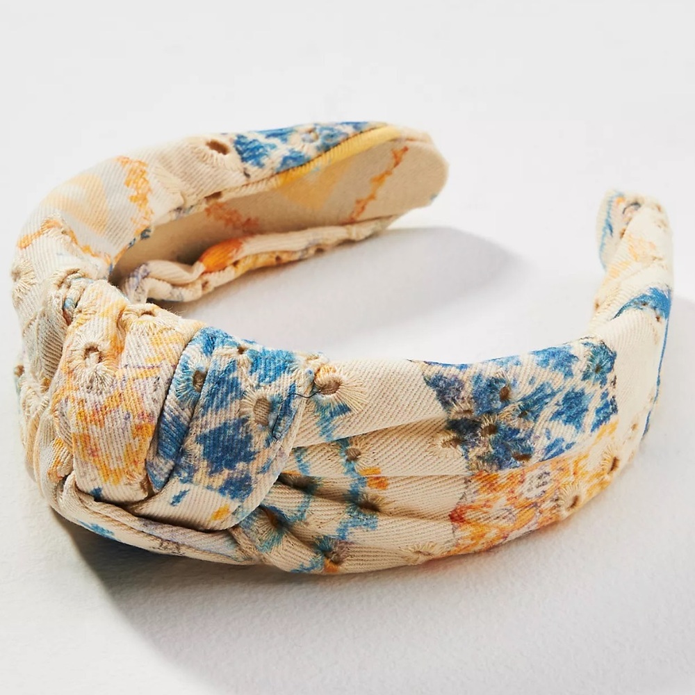 Anthropologie Cream and Blue Watercolor EVERLY PATCHWORK KNOT HEADBAND